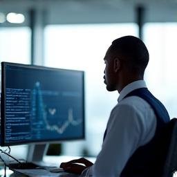 Professional market analyst reviewing data on dual monitors