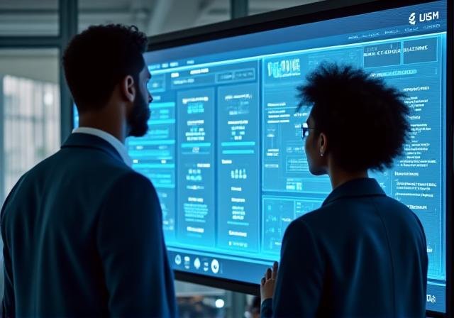 Consulting session showing team analyzing market data on screens
